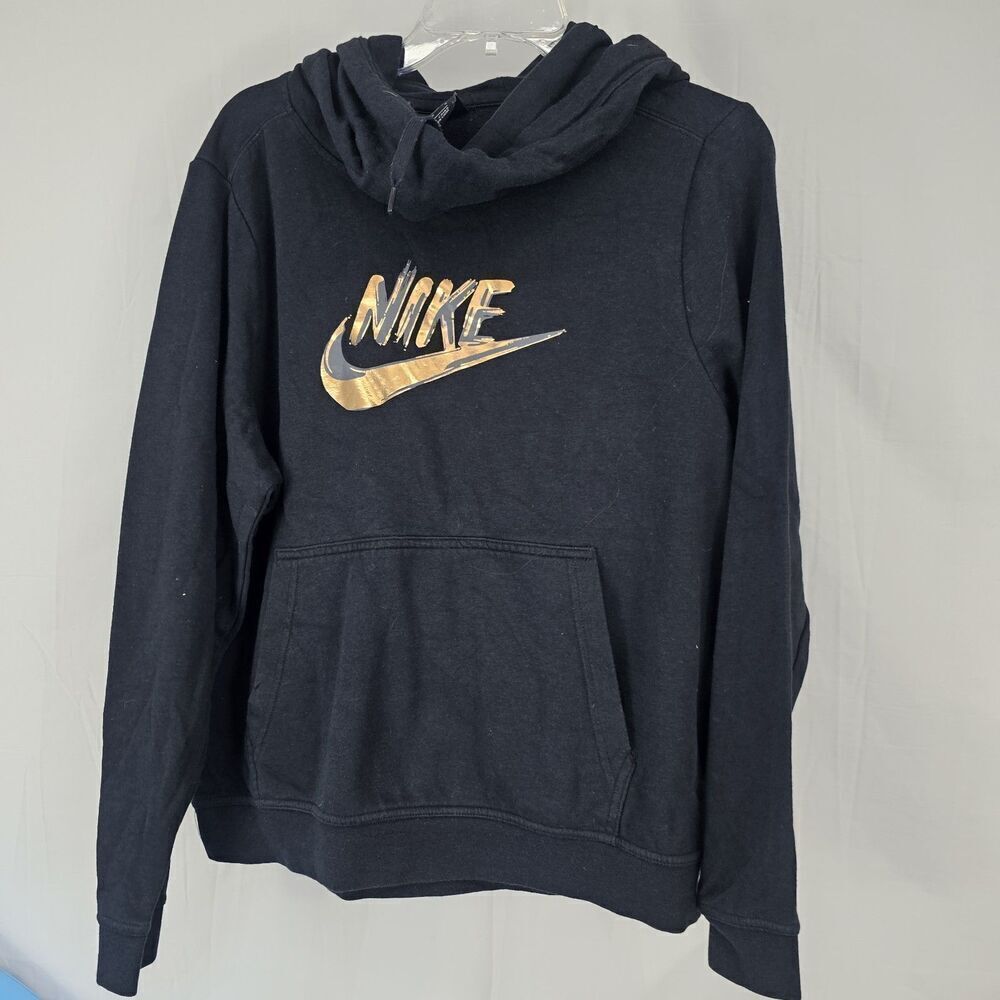 Nike Hoodie Womens L Black Swoosh Cowl Funnel Neck Pullover Sweater Sweatshirt